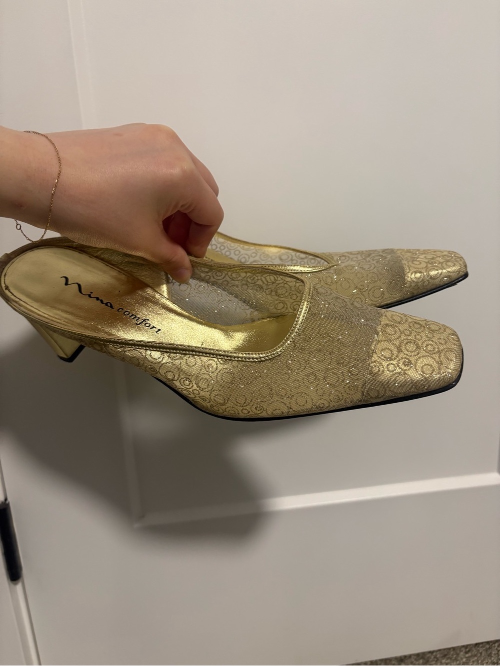Vintage Nina Gold Slip on Open Back Block Heels‎ Size 10